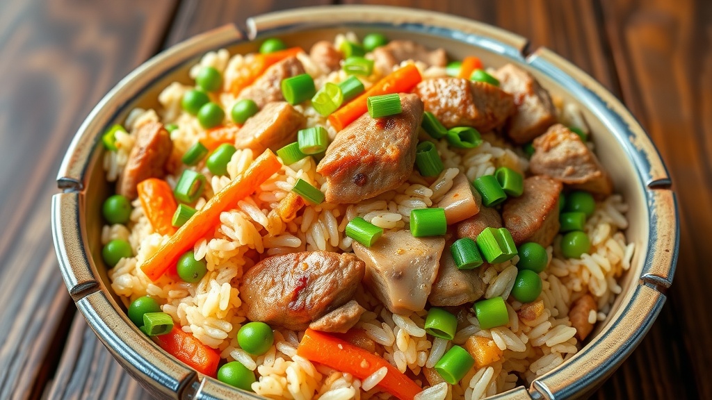 Savory Pork Fried Rice Recipe A bowl of pork fried rice with vegetables, garnished with green onions, on a wooden table.